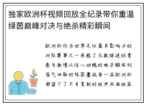 独家欧洲杯视频回放全纪录带你重温绿茵巅峰对决与绝杀精彩瞬间