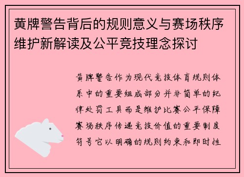 黄牌警告背后的规则意义与赛场秩序维护新解读及公平竞技理念探讨